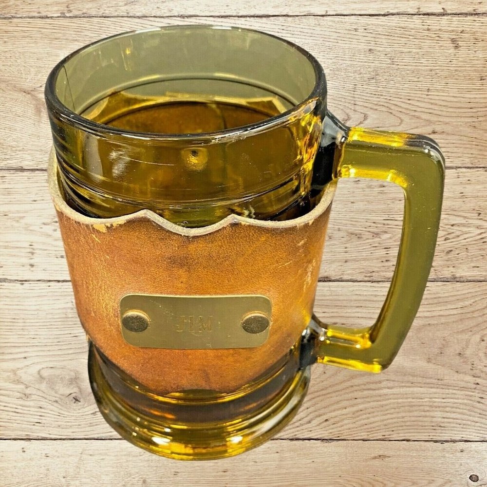 Vintage Amber Glass  Mug Leather Snap Cover Wrap J